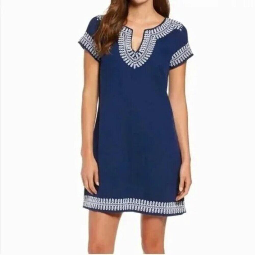 Anthropologie Navy Blue Embroidered Mini Dress